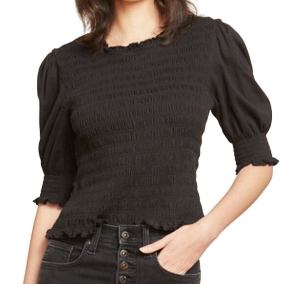Veronica Beard XS Langston Smocked Top Black Puff Sleeve Whimsygoth *flaw - Picture 1 of 9
